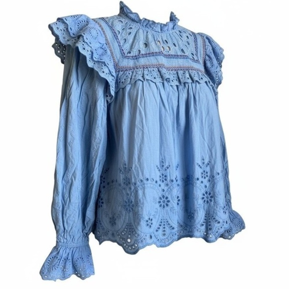 Conditions Apply‎ Leah Ball Blue Eyelet Ruffle Blouse Top Womens Medium NWT